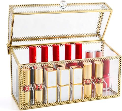 PuTwo Lipstick Organizer 24 Slots Handmade Glass & Brass Lipstick Holder With Lid Lip Dustp... | Amazon (US)