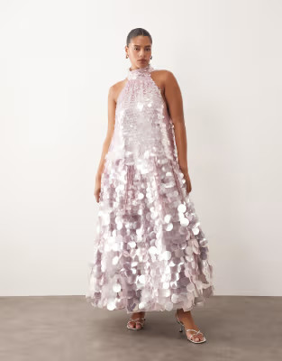 ARRANGE Curve paillette sequin halter neck trapeze maxi dress in lilac | ASOS (Global)