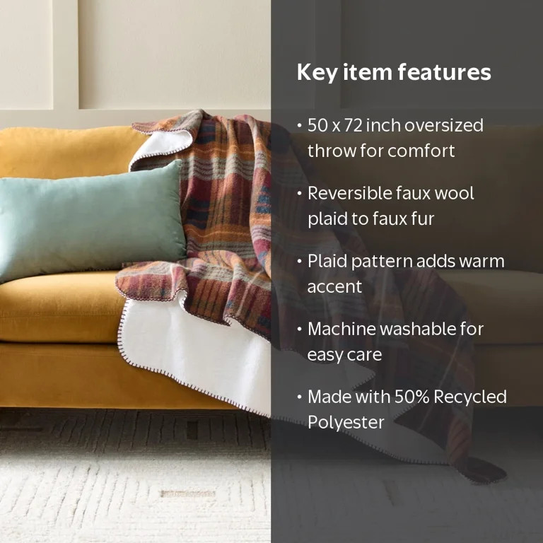 Better Homes & Gardens Crimson Plaid Faux Wool Reverse to Faux Fur Throw, 50" x 72" | Walmart (US)