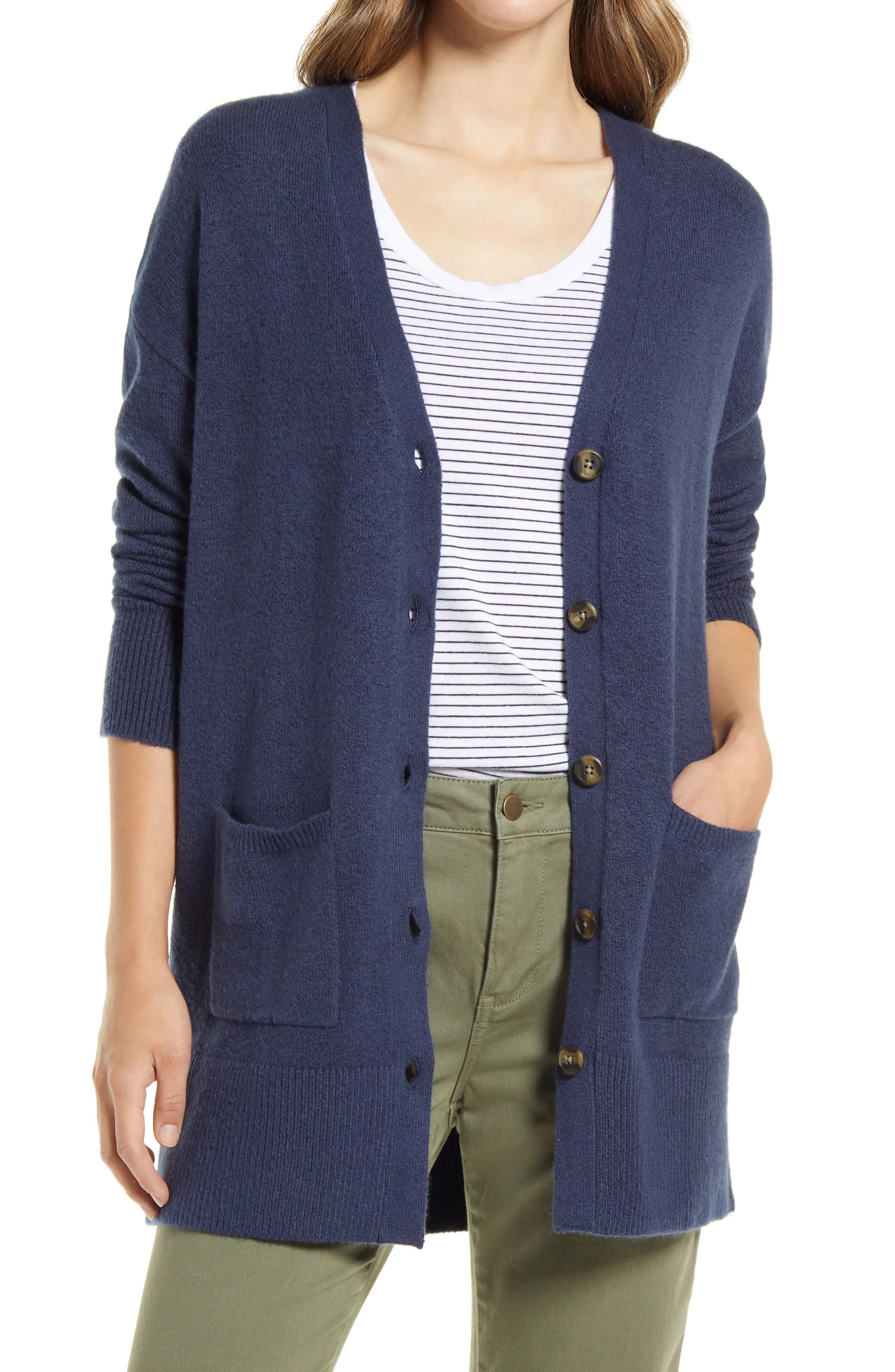 Caslon(R) Women's Patch Pocket Cardigan in Navy Indigo at Nordstrom, Size X-Small | Nordstrom