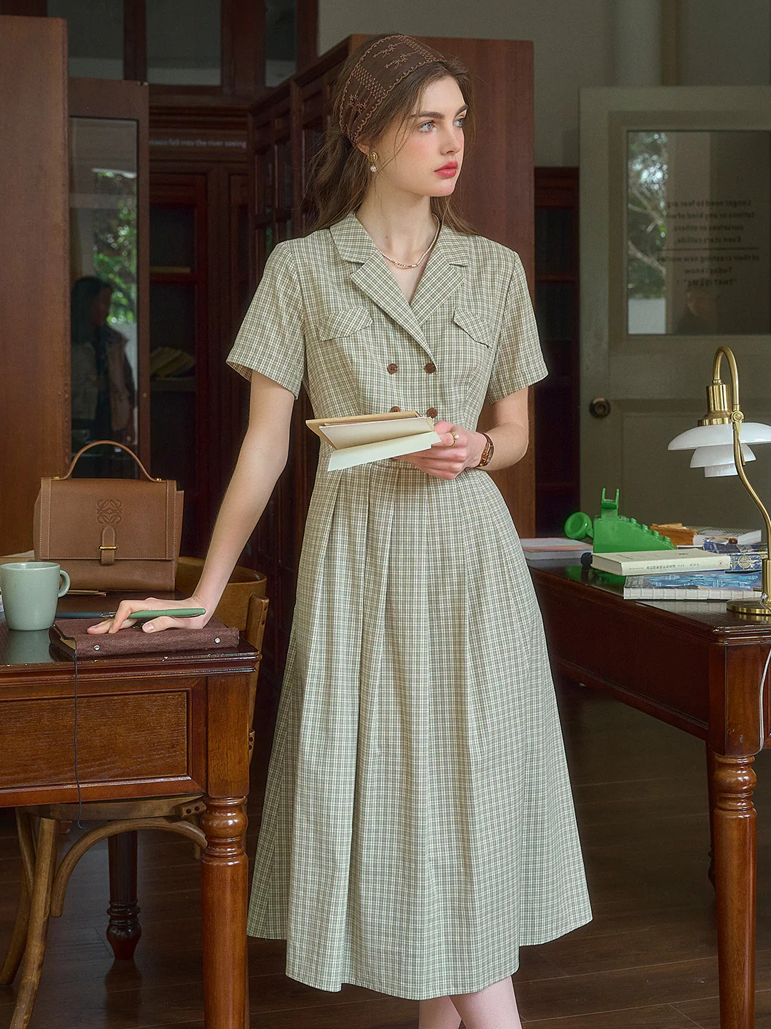 Elena V-Neck Lapel Plaid Dress | Simple Retro