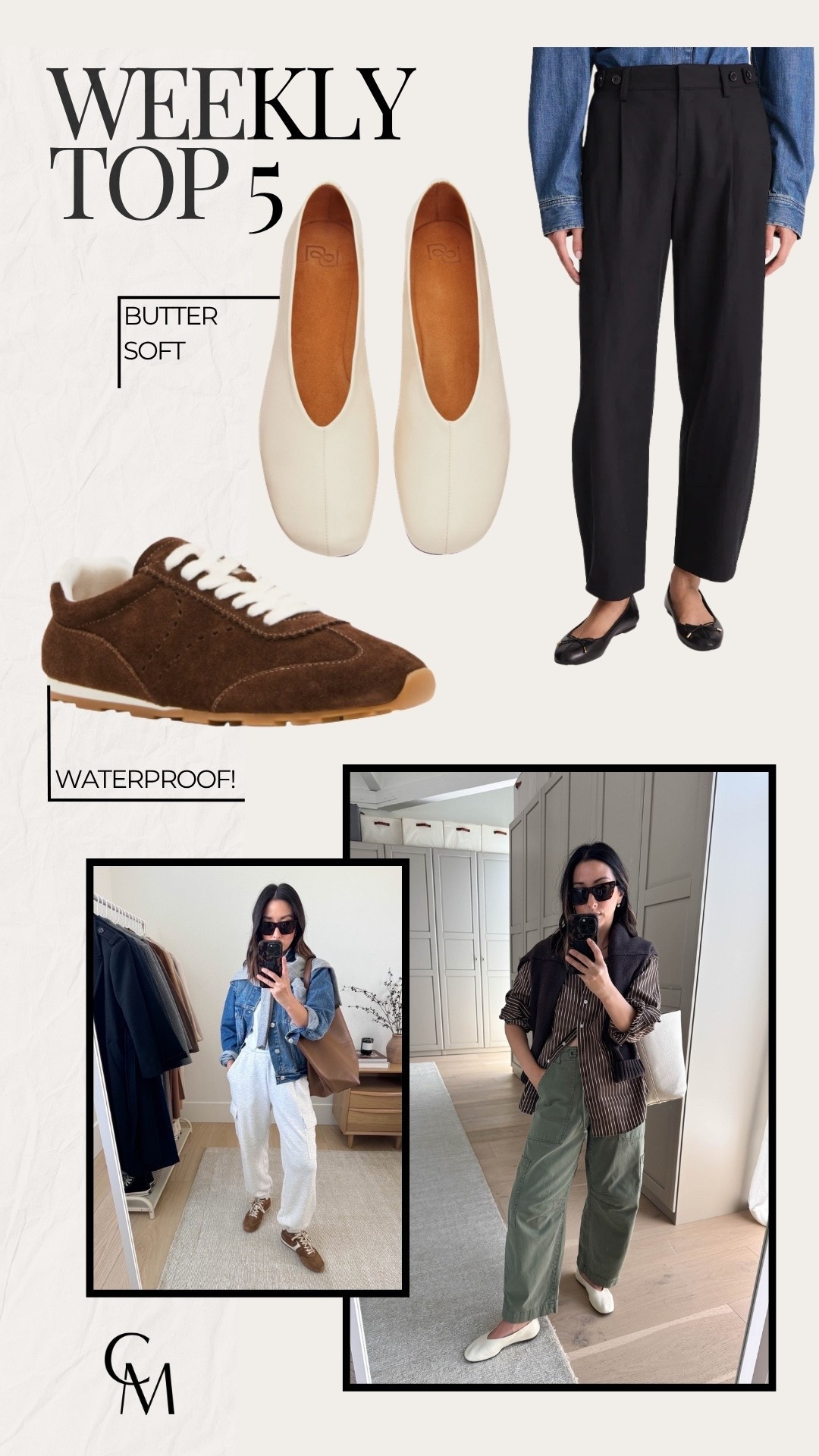 weekly top 5. weekly bestsellers. 

reformation blaine flats 5
madewell twill trousers petite 0
pistola sabrina utility pants petite 25
varley cargo sweatpants xs
blondo suede sneakers