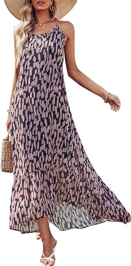 ANRABESS Womens Summer High Low Ruffle Maxi Dress Spaghetti Strap Print Flowy Beach Long Dress | Amazon (US)