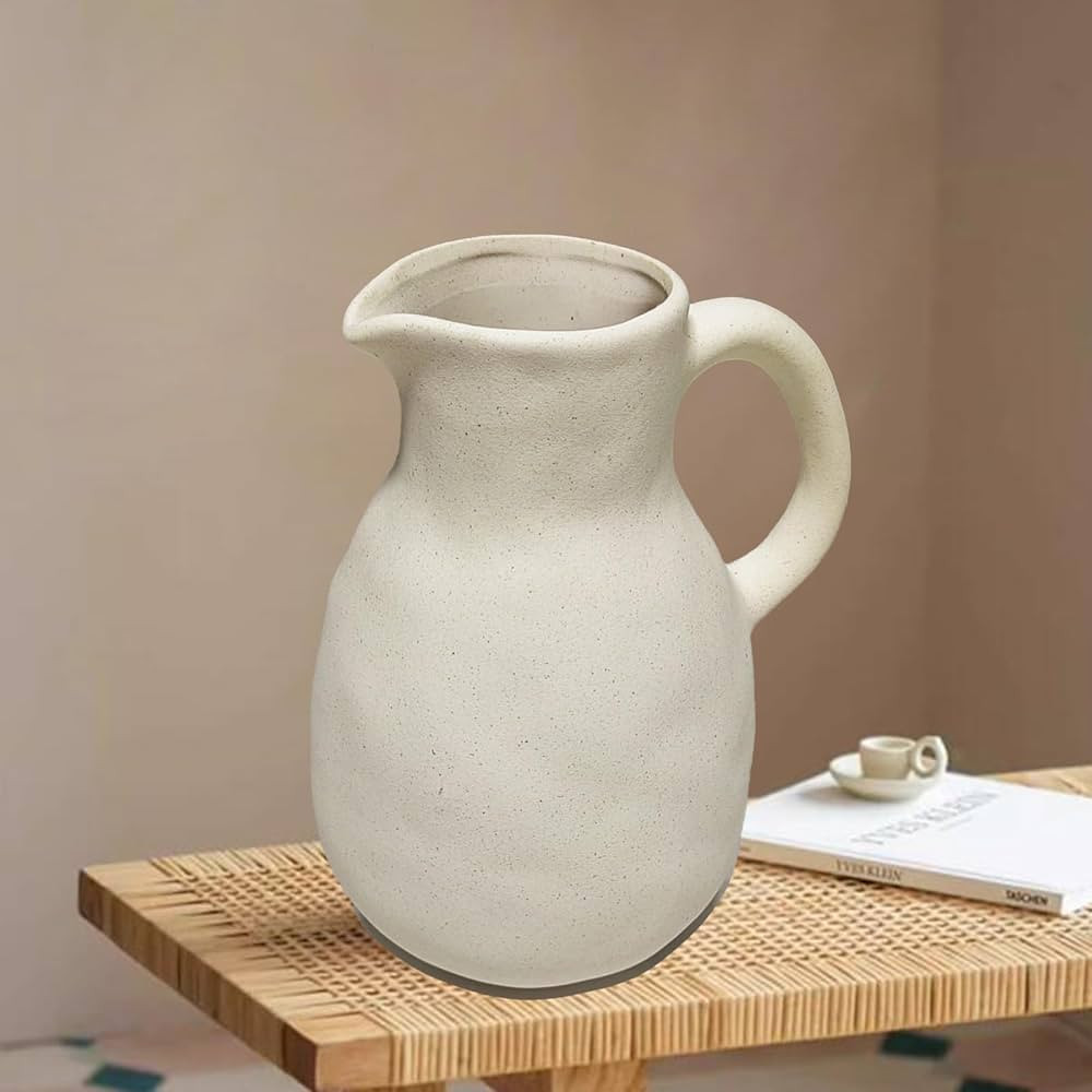 Rustic White Ceramic Vase for Home Decor, Antique Farmhouse Clay Jug Pitcher Vases for Aesthetic ... | Amazon (US)