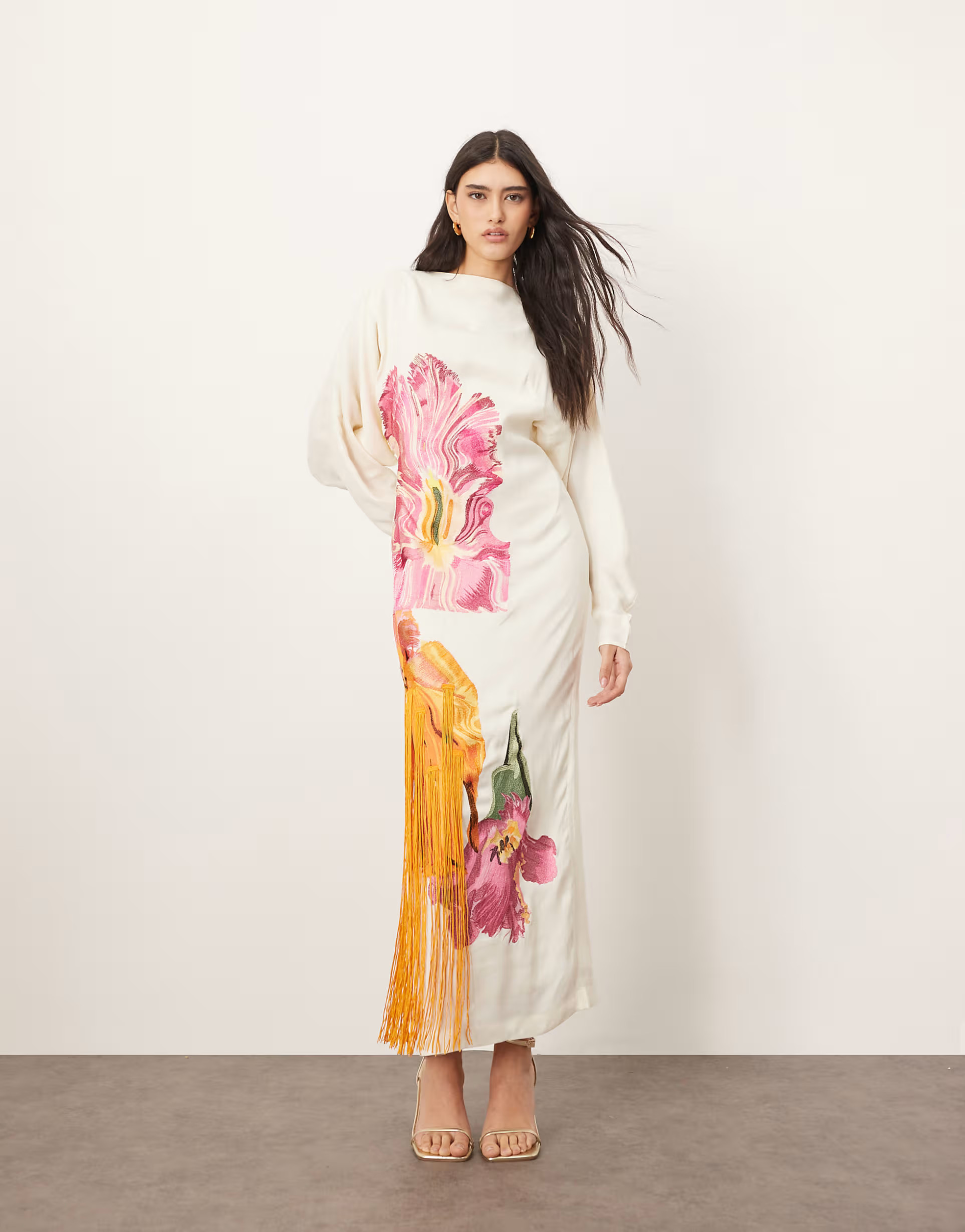 ARRANGE embroidered floral long sleeve open back maxi dress with fringe in white | ASOS (Global)