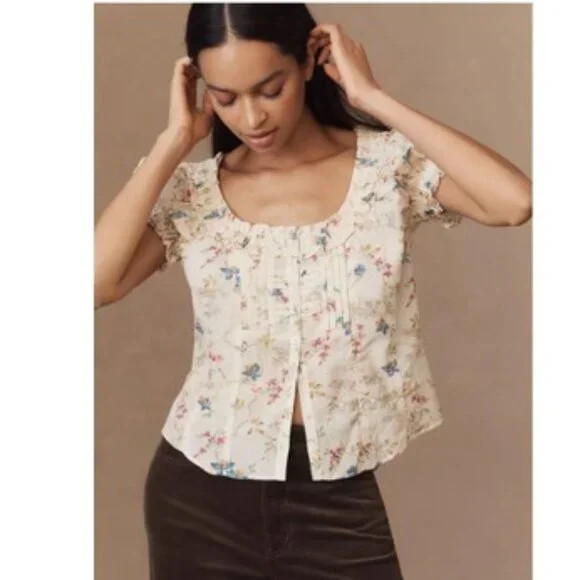 Anthropologie Pilcro Sheer Ruffle Puff-Sleeve Blouse Ivory Floral–Size Small-NWT | Poshmark
