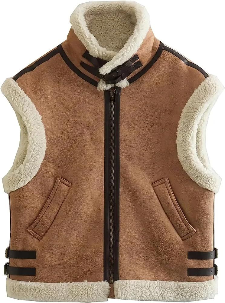 Xiaoxuemeng Womens Combination Fleece Vest Sleeveless Zip Up Faux Suede Vest Jacket Outerwear | Amazon (US)
