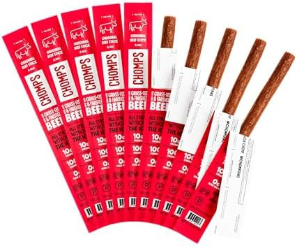 Chomps Grass-Fed and Finished Original Beef Jerky Snack Sticks 10-Pack - Keto, Paleo, Whole30, 10... | Amazon (US)