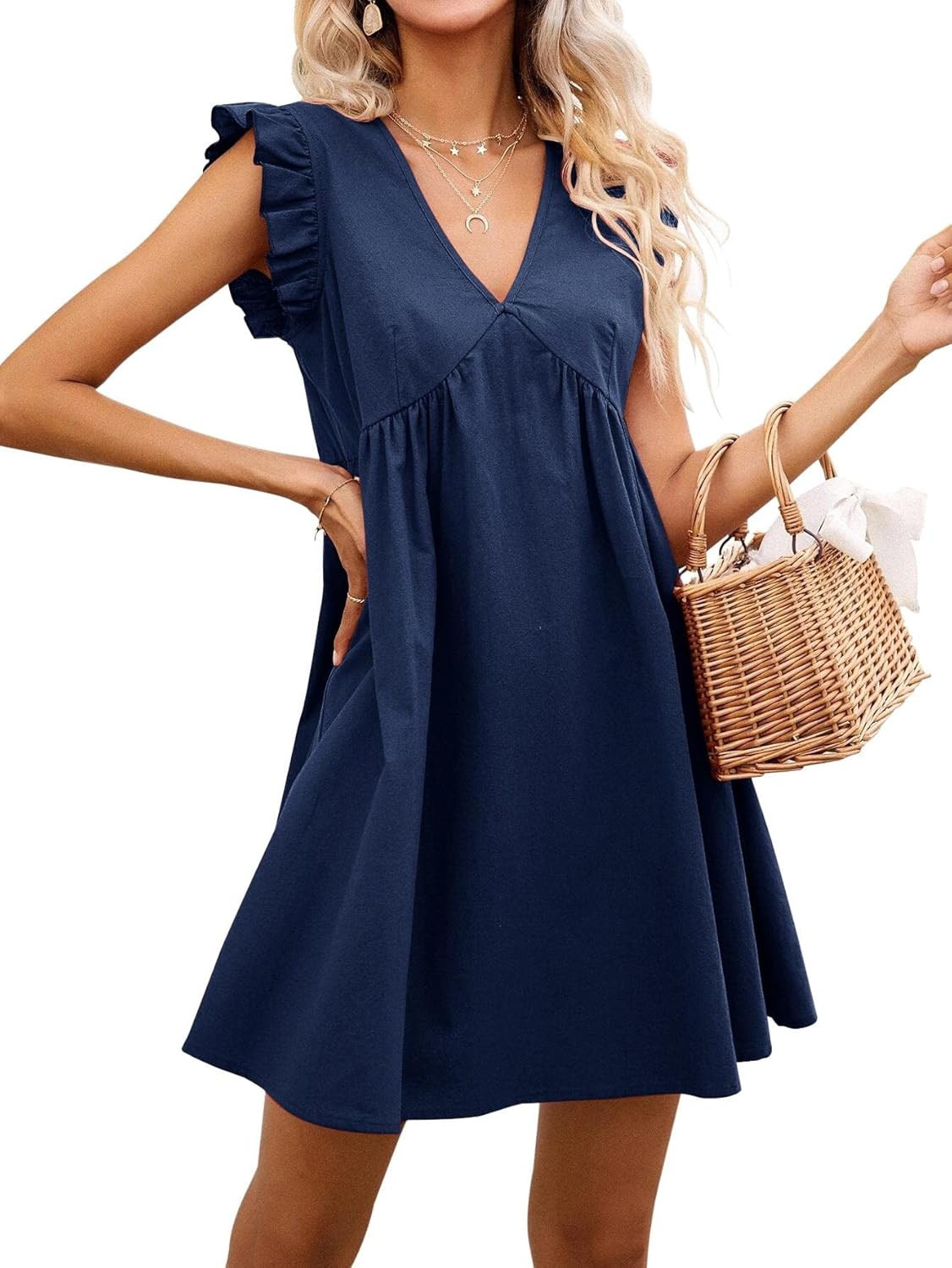 Ebifin Womens V Neck Cap Sleeve High Waist Dress Ruffle Armhole Solid Butterfly Sleeve Smock Dres... | Amazon (US)