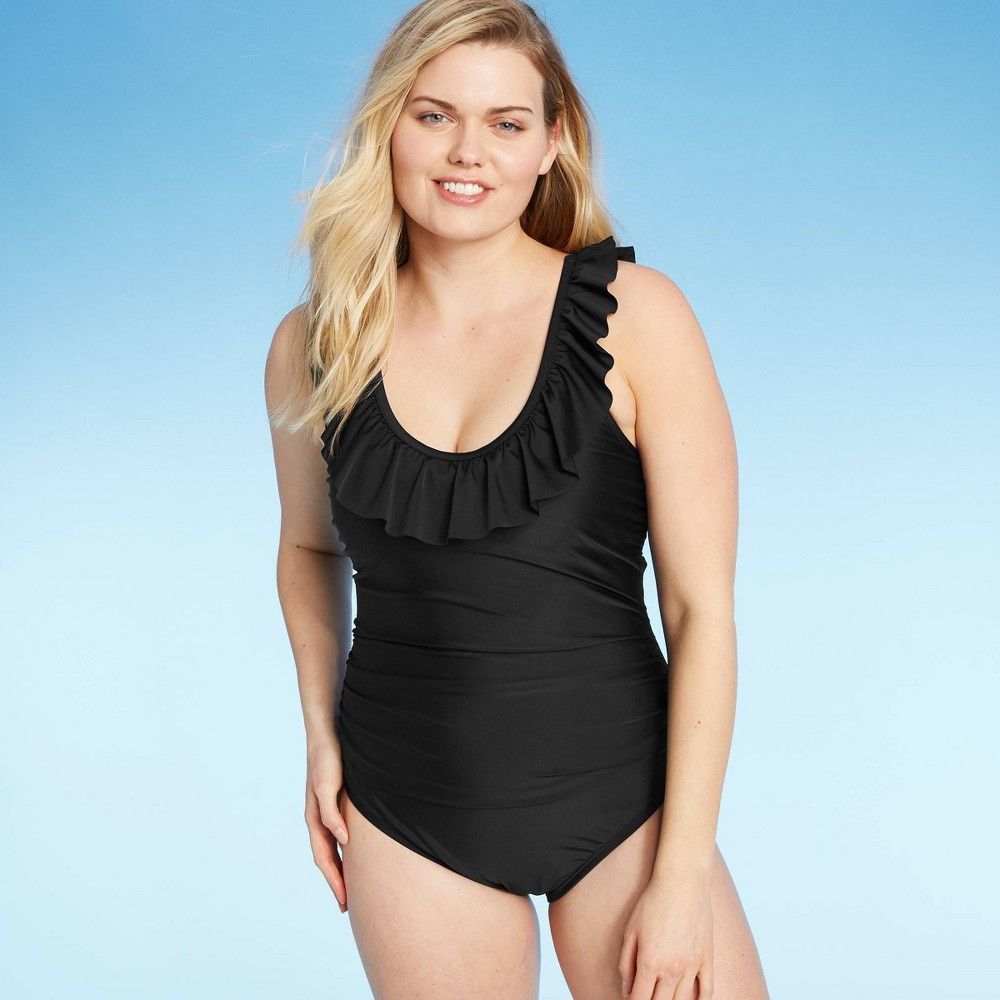 Women's Ruffle One Piece Swimsuit - Kona Sol Black L, Size: Large | Target