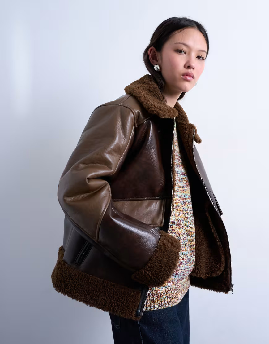 Topshop faux shearling patchwork faux leather jacket in brown | ASOS (Global)