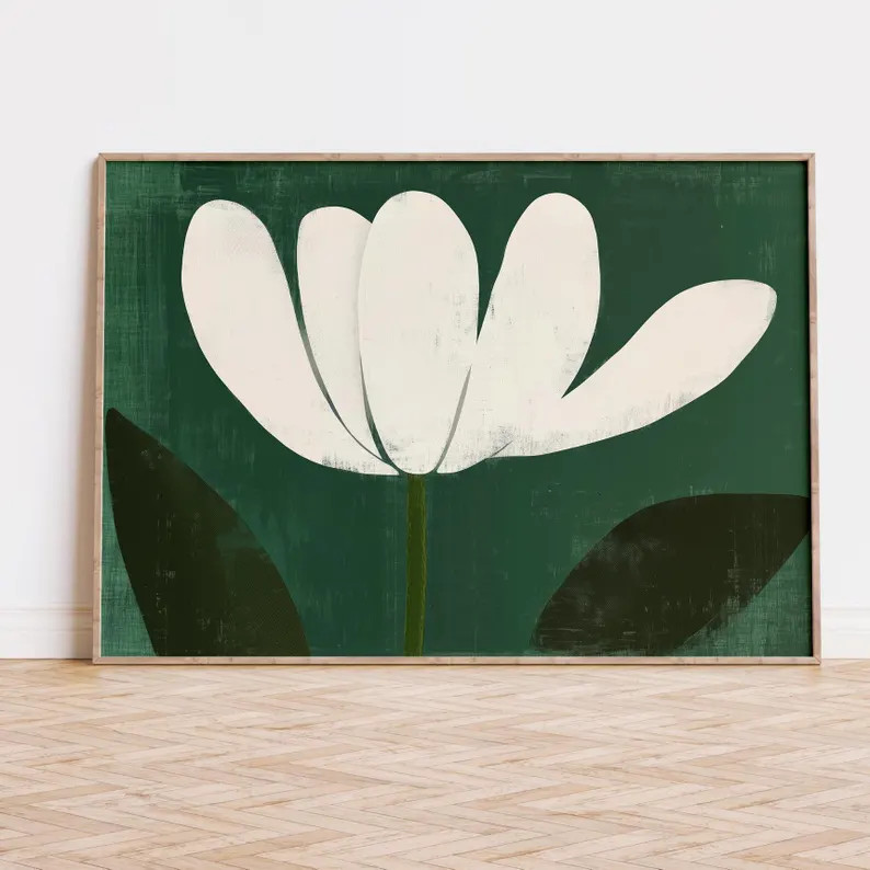 Minimalist White Floral Digital Art Print | Mid-century Modern Green Flower Wall Art | Abstract B... | Etsy (US)