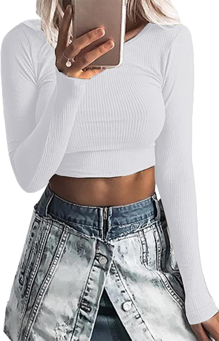 Artfish Women's Round Neck Long Sleeve Knit Ribbed Fitted Basic Crop Top Shirts | Amazon (US)
