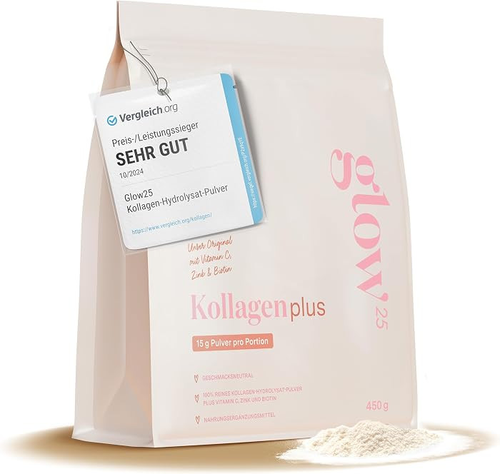 Glow25\u00ae Collagen Plus Pulver [450g] - Kollagen Hydrolysat mit Vitamin C, Zink und Biotin - P... | Amazon (DE)