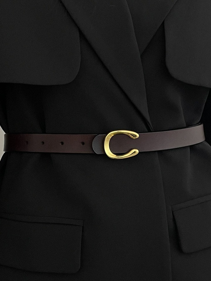 2pcs/Set Women's Coffee Brown Leather Gold Flat C Buckle Belt | SHEIN