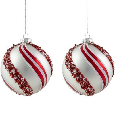 Northlight Peppermint Swirl Beaded Christmas Glass Ball Ornaments - 4" - White and Red - Set of 2 | Target