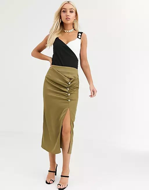 River Island ruched side split skirt in khaki | ASOS (Global)