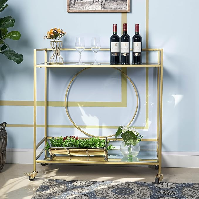 RiteSune Gold Bar Cart, Modern Wine Cart with Wheels, Home Bar Serving Carts with 2 Tier Mirrored... | Amazon (US)