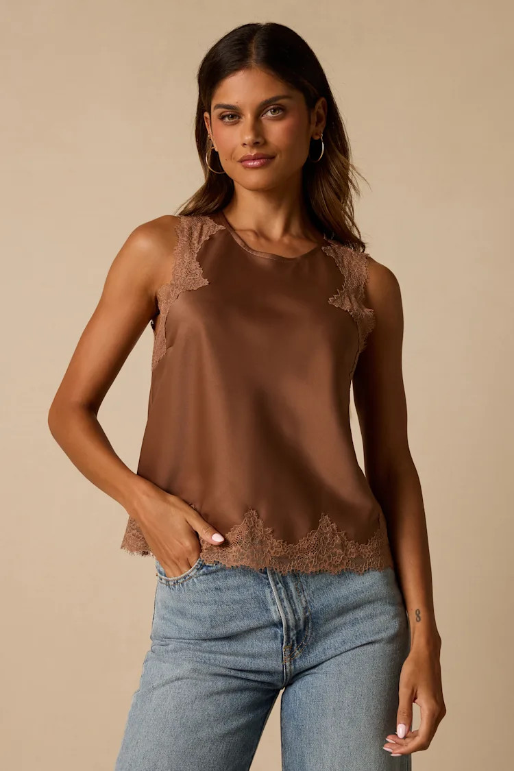 Jaynae Brown Lace Trim Satin Tank Top | Lulus