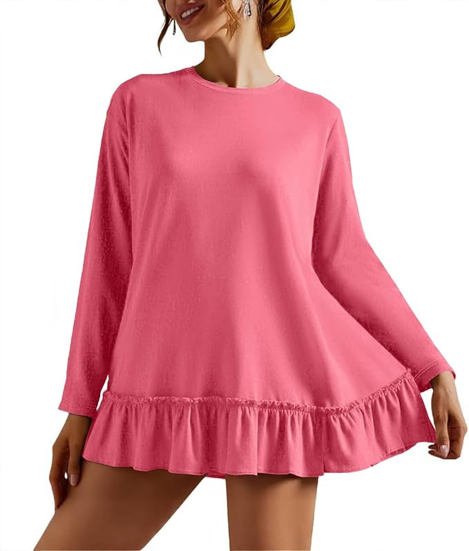 Tankaneo Womens Oversized Peplum Long Sleeve Babydoll Tops Casual Pleated Shirts Crew Neck Flowy ... | Amazon (US)