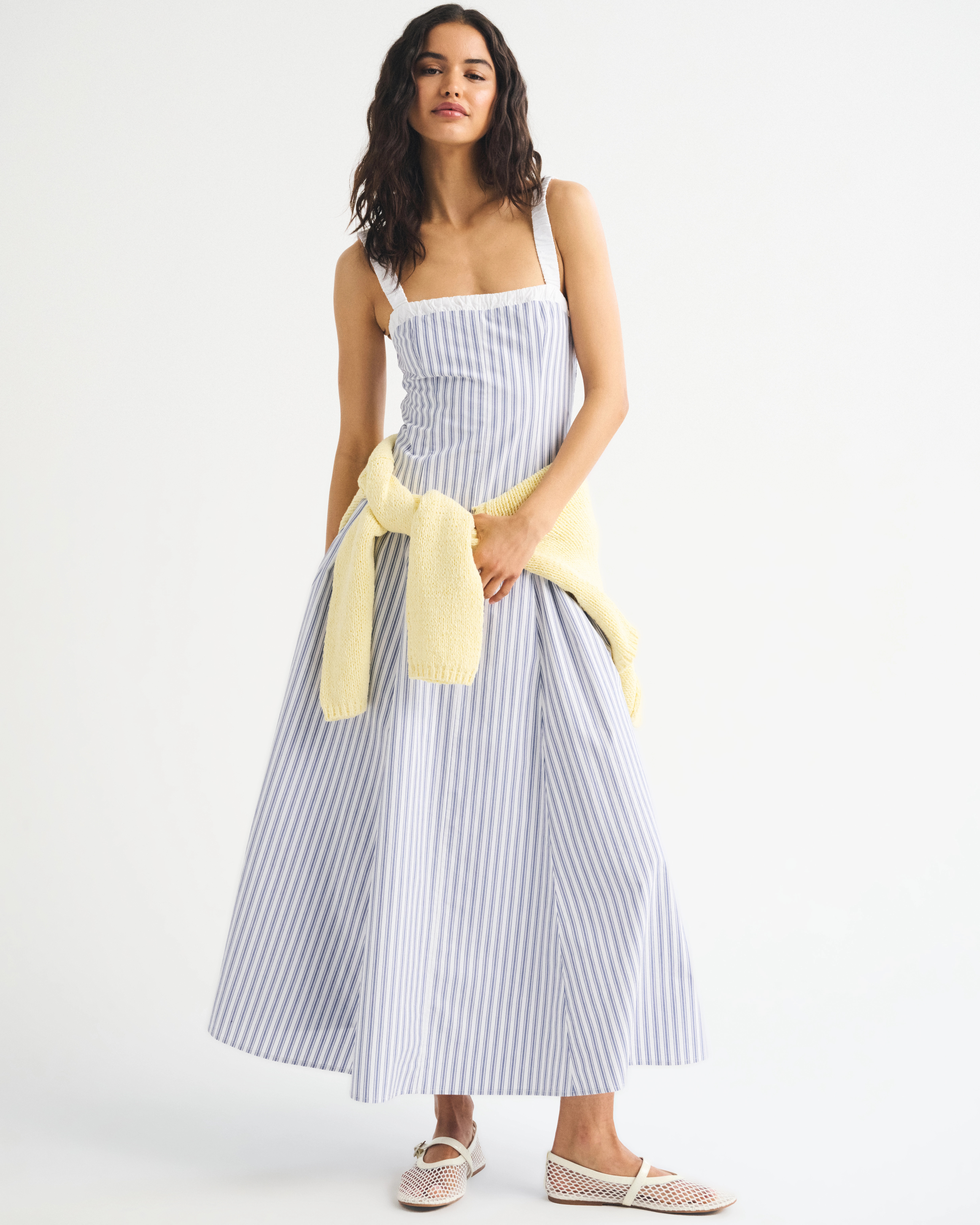 100% Cotton Ruched Neckline Dipped Waist Midi Dress | Abercrombie & Fitch (US)