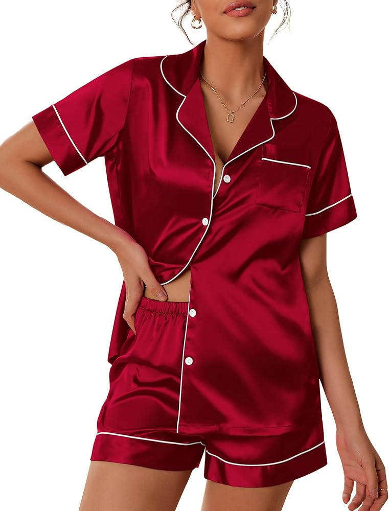 Ekouaer Satin Pajamas Women's Short Sleeve Sleepwear Soft Silk Button Down Loungewear Pjs Shorts ... | Amazon (US)