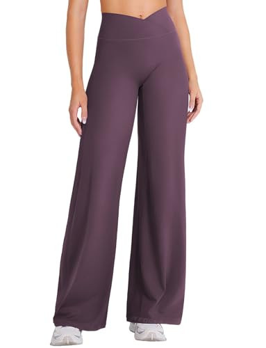 YEOREO Straight Leg Leggings for Women No Front Seam Workout Leggings 31.5" Crossover High Waist Soft Eddiy Yoga Pants Black Berry Purple L | Amazon (US)