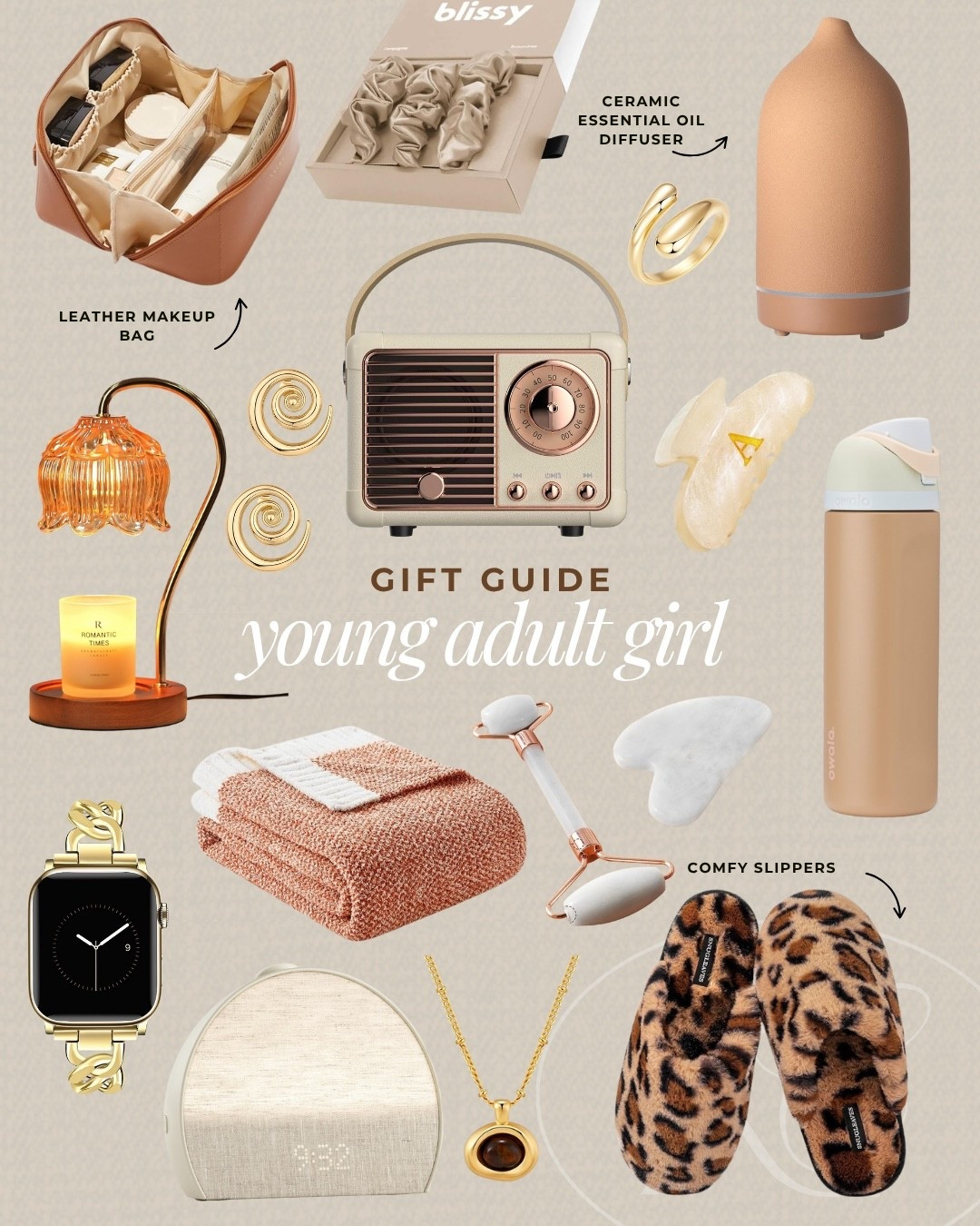 A gift guide for the young adult females in your life! The owala water bottle, hatch alarm clock, and cheetah print slippers are gifts she’ll use over and over again! Other great gifts would be the leather makeup bag, candle warmer, and Apple Watch wristband! 

#LTKGiftGuide #LTKHoliday #LTKSaleAlert