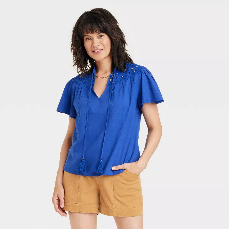 Women's Short Sleeve V-Neck Woven Eyelet Top - Knox Rose™ | Target