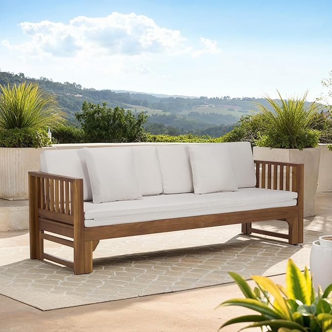 SAFAVIEH Outdoor Patio Furniture Collection - Napoli Brown & Cream Solid Wood Bench Convertible D... | Amazon (US)