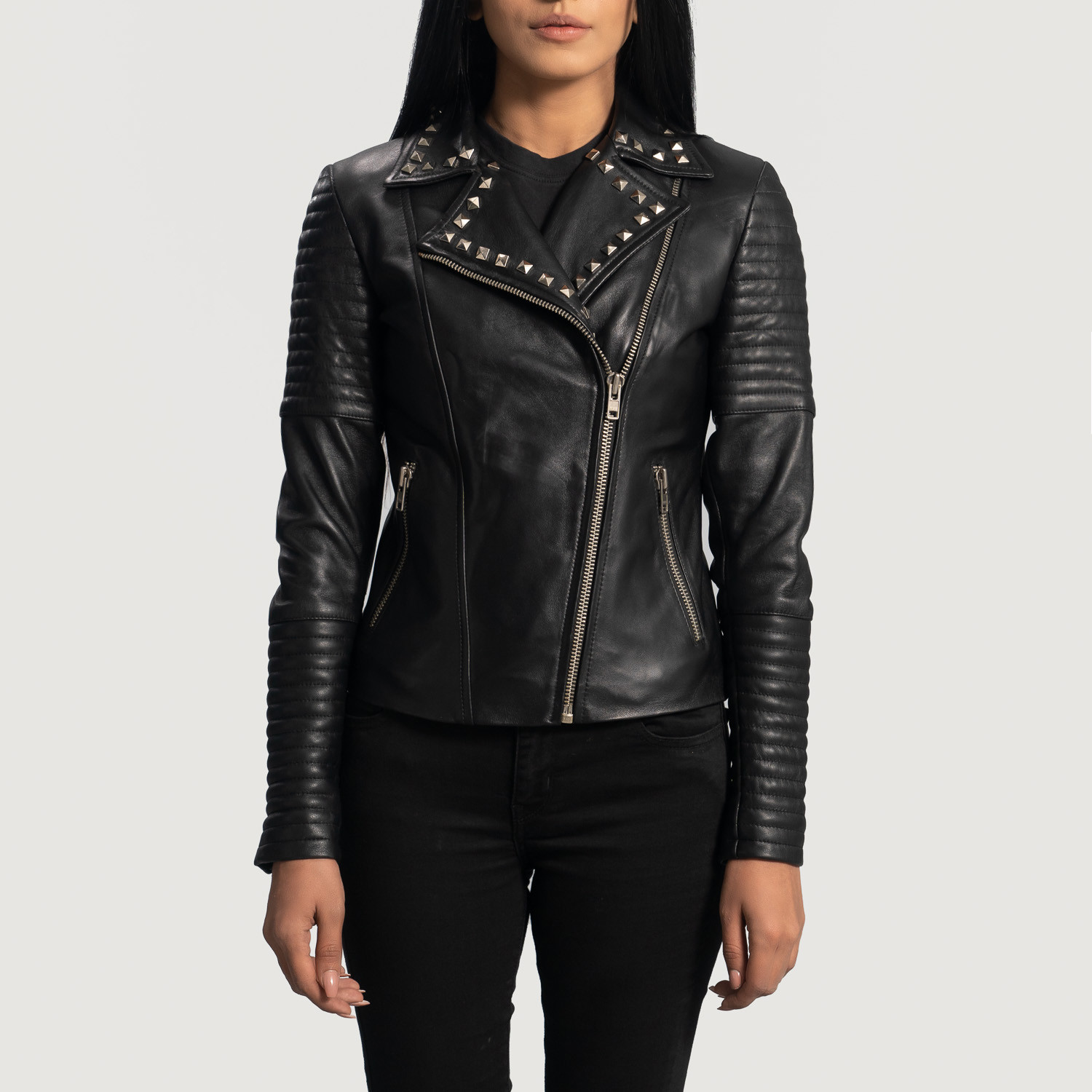 Sally Mae Studded Black Leather Biker Jacket | The Jacket Maker