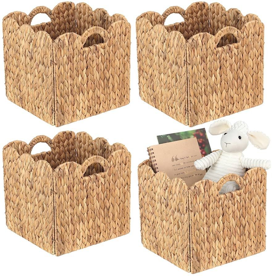 Set of 4 Foldable Scalloped Water Hyacinth Storage Cubes Basket, Storage Cube Bins -12"x12"x12", ... | Amazon (US)