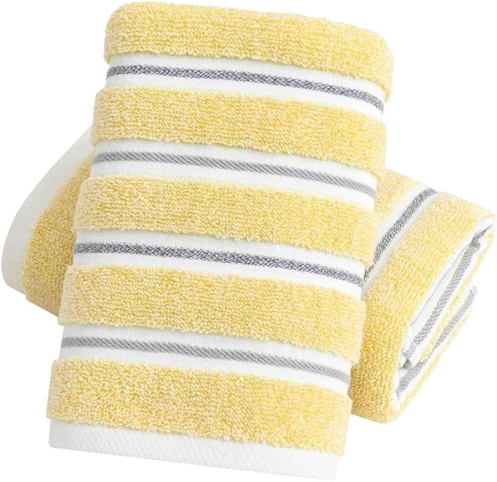 Yellow Cotton Hand Towel Set of 2 Ribbed Striped Pattern Soft Absorbent Decorative Towel for Bath... | Amazon (US)
