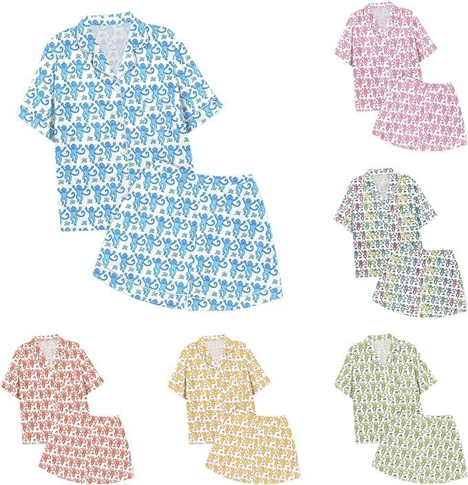 Girls Kids Pajamas Set Animals Floral Print Short Sleeve Button Shirt and Shorts 2 Piece Pjs Set ... | Amazon (US)