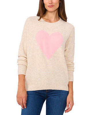 Women's Valentine's Crewneck Heart-Print Long-Sleeve Sweater | Macy's