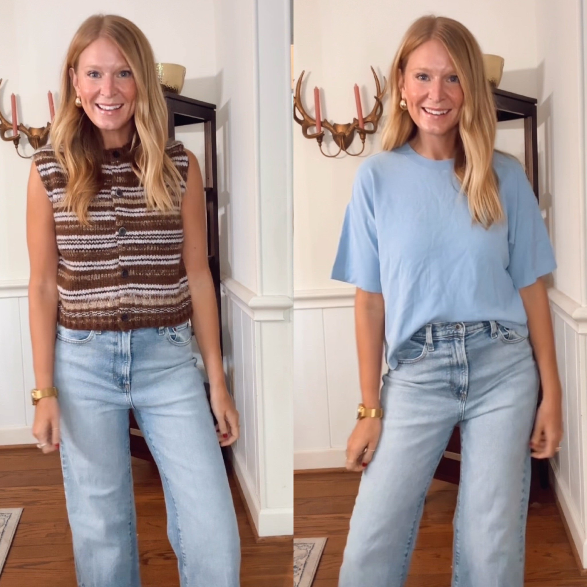 30% off tops at target! And the most flattering jeans ever! In an 8 in the jeans. 
Size M in the tops.