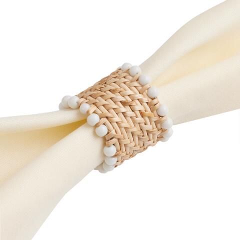 Woven Cane and White Bead Napkin Ring | World Market