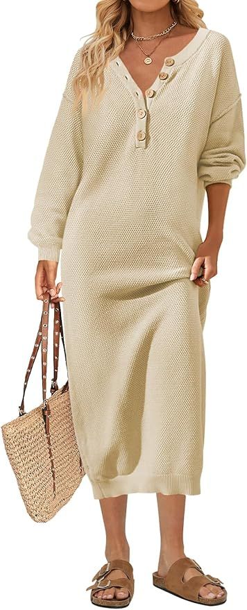 MEROKEETY Women's 2023 Long Sleeve Button V Neck Sweater Dress Casual Fall Loose Knit Maxi Dress | Amazon (US)