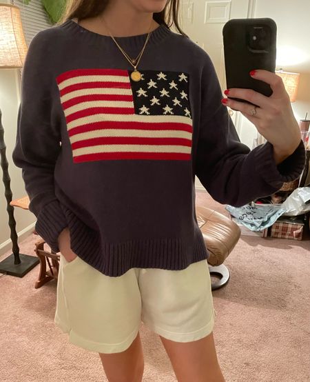 Comfy summer lounge outfit from old navy - both pieces are true to size with a relaxed fit, wearing a small in both! 
.
American flag sweater Memorial Day outfit Fourth of July outfit 4th of July outfit 

#LTKstyletip #LTKsalealert #LTKfindsunder50