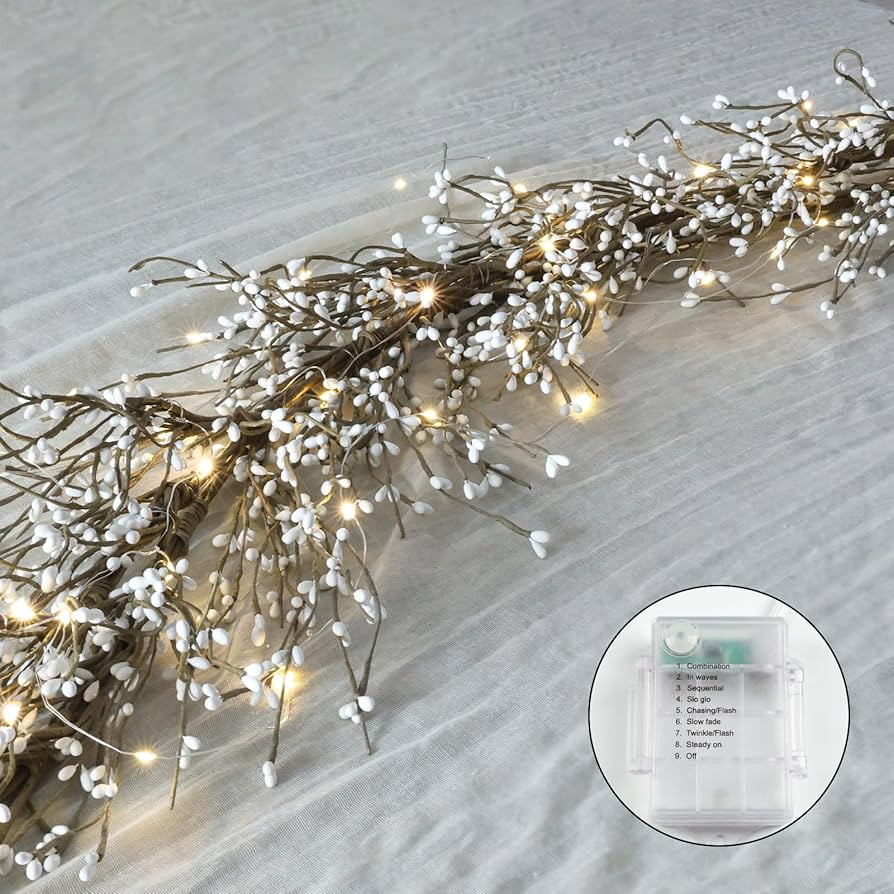 White Pip Berry Garland with Lights, 6FT Christmas Garlands, Artificial Berry Christmas Garland f... | Amazon (US)