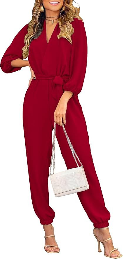 PRETTYGARDEN Women's 2023 Fall Jumpsuits Casual Dressy One Piece Outfits V Neck Long Sleeve Belt ... | Amazon (US)