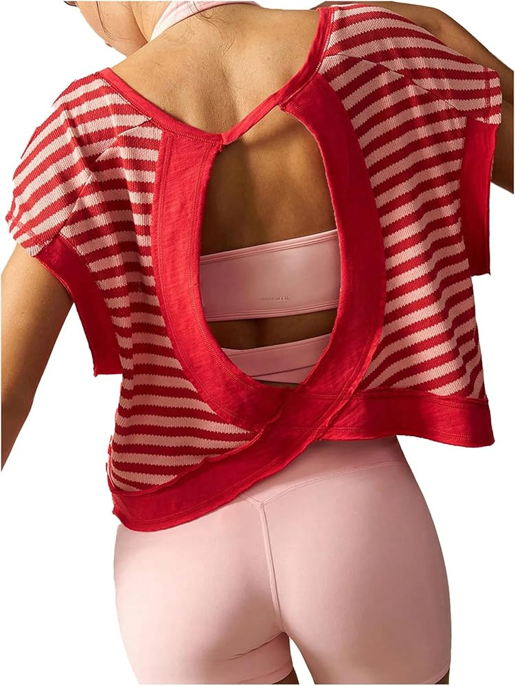 Milumia Women's Striped Open Back Workout Crop Tops Backless Short Sleeve Athletic T Shirts Gym Y... | Amazon (US)