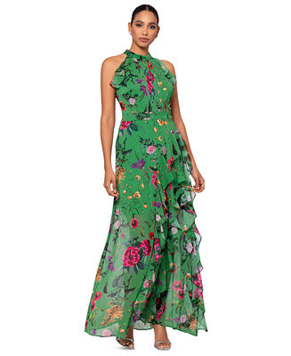 Betsy & Adam Petite Floral-Print Ruffled Halter Gown - Macy's | Macy's