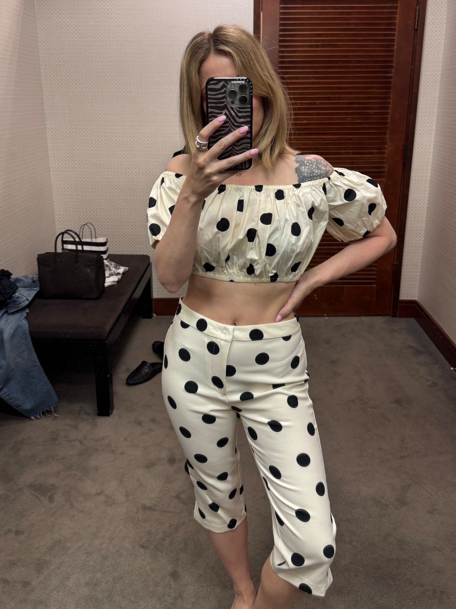 Polka dot matching set. I wore a size medium in the top so it would fit longer and size small in the capris  

#LTKPetite #LTKootd #LTKOver40