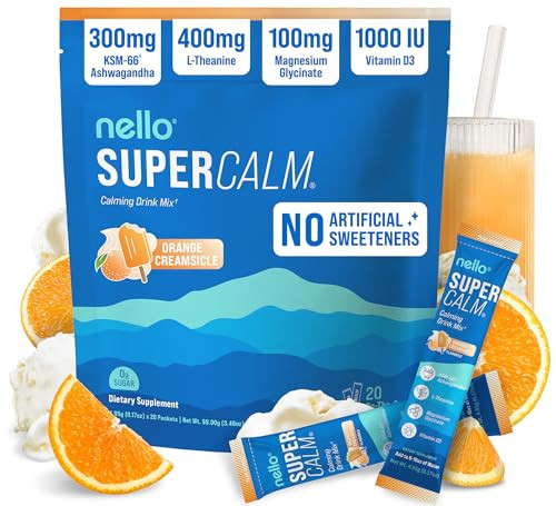 Nello Supercalm Powdered Drink Mix, Cortisol Reducer* and Sleep Aid Supplement, L Theanine, Ksm-66 Ashwagandha, Magnesium Glycinate, Vitamin D 3, No Sugar, Non GMO, On The Go, 20 Ct, Orange Creamsicle | Amazon (US)