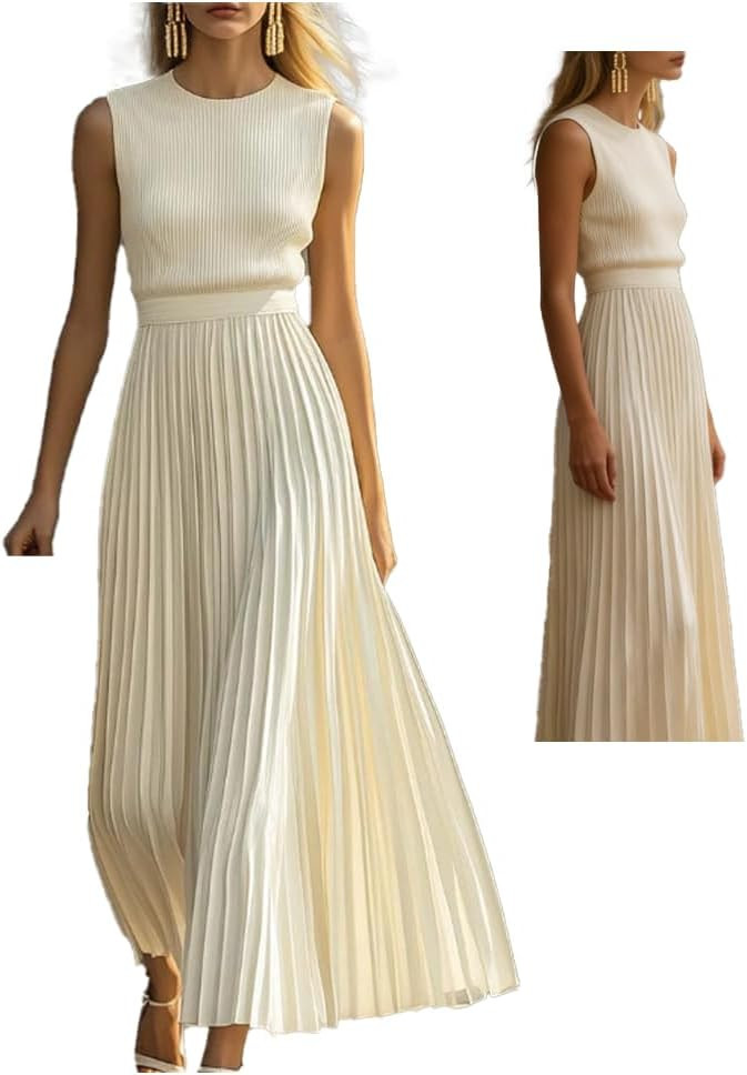 Elegant Casual and Comfortable Cream Knitted Chiffon Pleated Hem Maxi Dress, 2026 Spring Summer F... | Amazon (US)