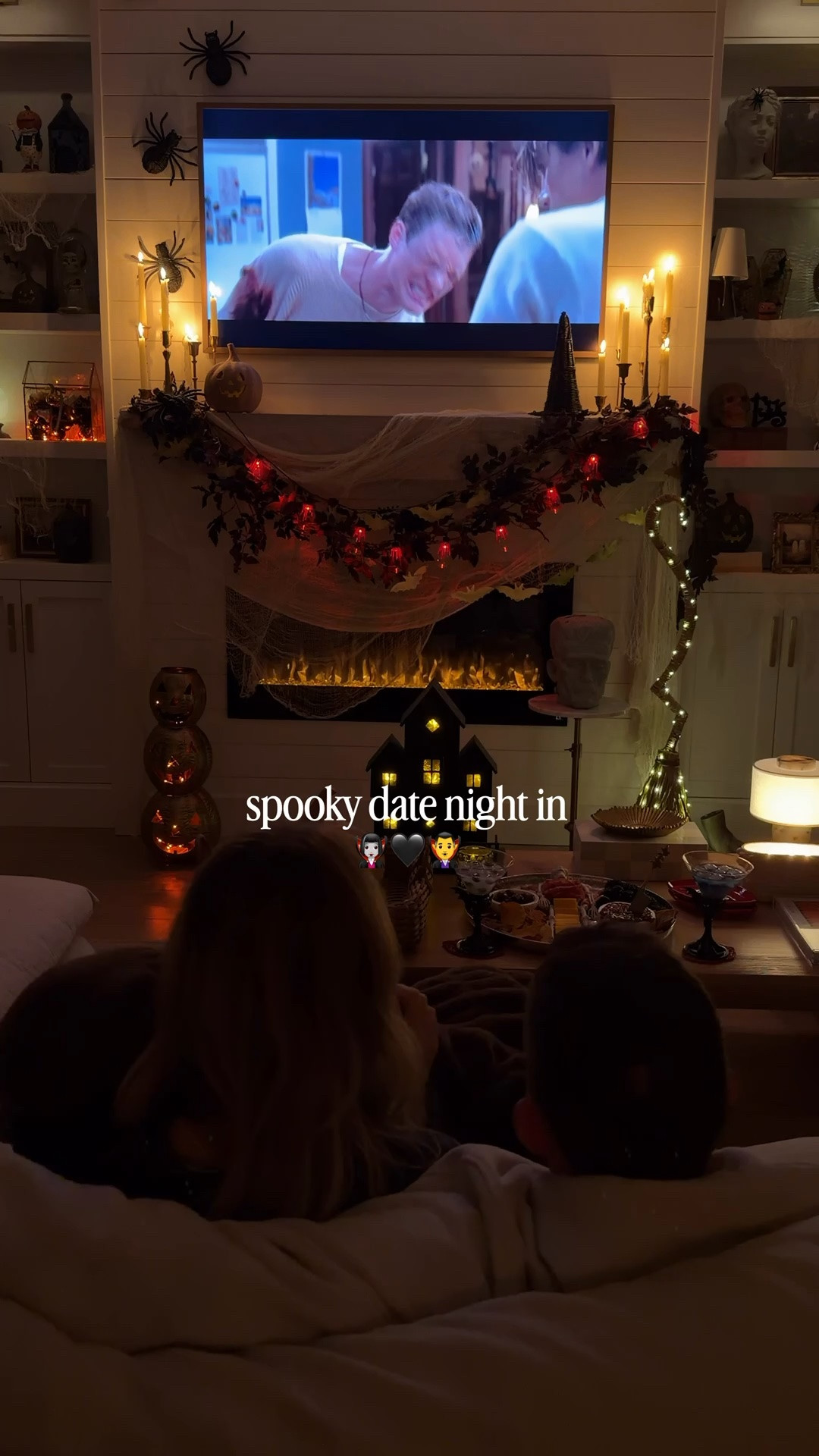 @worldmarket turned our date night spooky this year, and it's honestly the perfect idea heading into Halloween. A ghoulish charcuterie board, bat stem glasses, vampire plates and coasters, and Scream on repeat. This is what a night in should feel like. #WorldMarketPartner #WorldMarketFinds