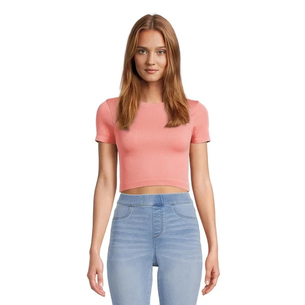 No Boundaries Juniors Seamless Cropped T-Shirt with Short Sleeves | Walmart (US)