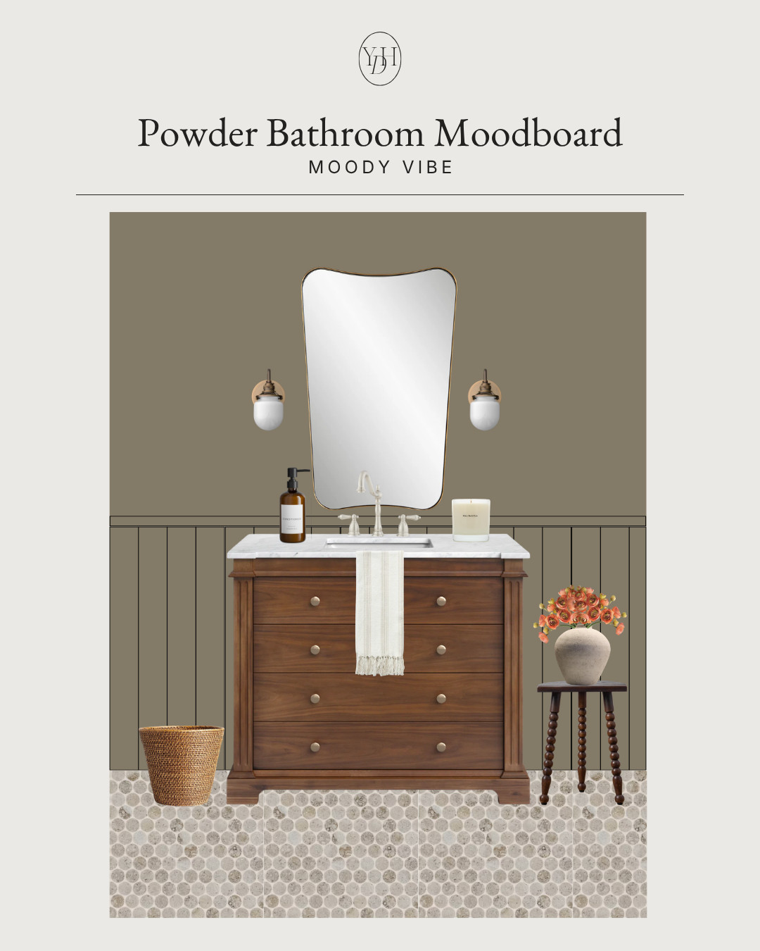 If you’ve been wanting to try moodier colors in your home, powder bathrooms are honestly the BEST place to do it. The olive toned walls, warm wood vanity, mixed metals and soft lighting make this feel cozy, elevated and custom without feeling overwhelming. 

 #LTKHome