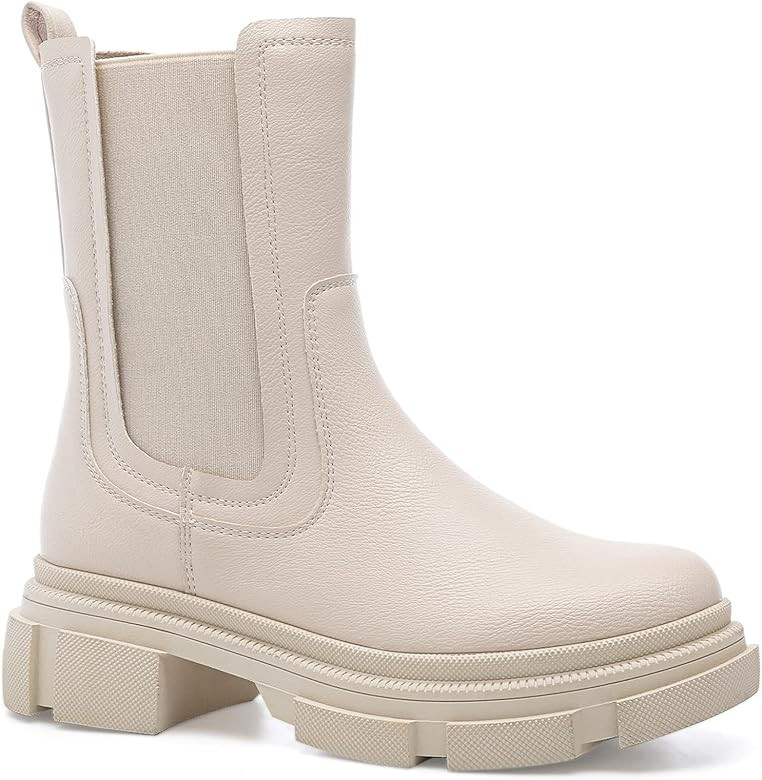 YETIER Women’s Mid Calf Platform Booties Lug Sole Elastic Leather Chelsea Boots Chunky Block Heel No | Amazon (US)
